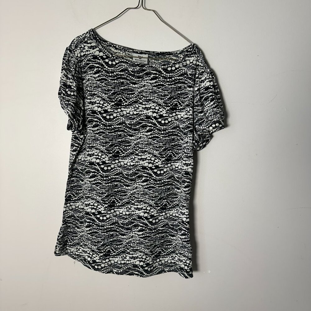 EUC Womens Worthington Petite Stretch Small Black White Gray Shirt Blouse Top S